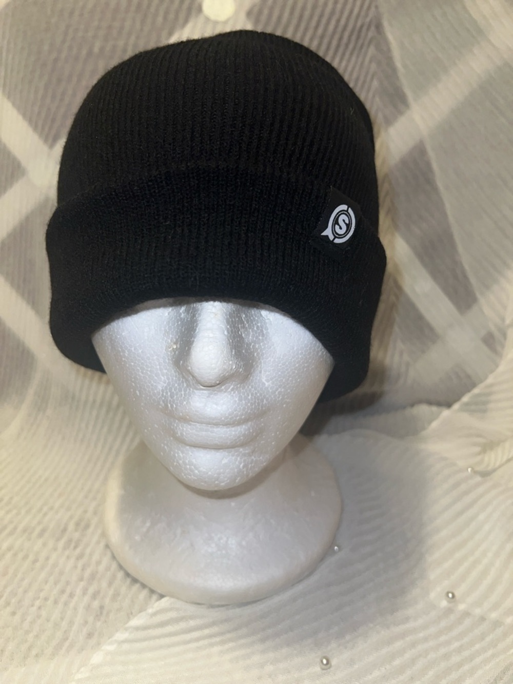 Black Knit Beanie Hat with Subtle Logo - Men's Accessory